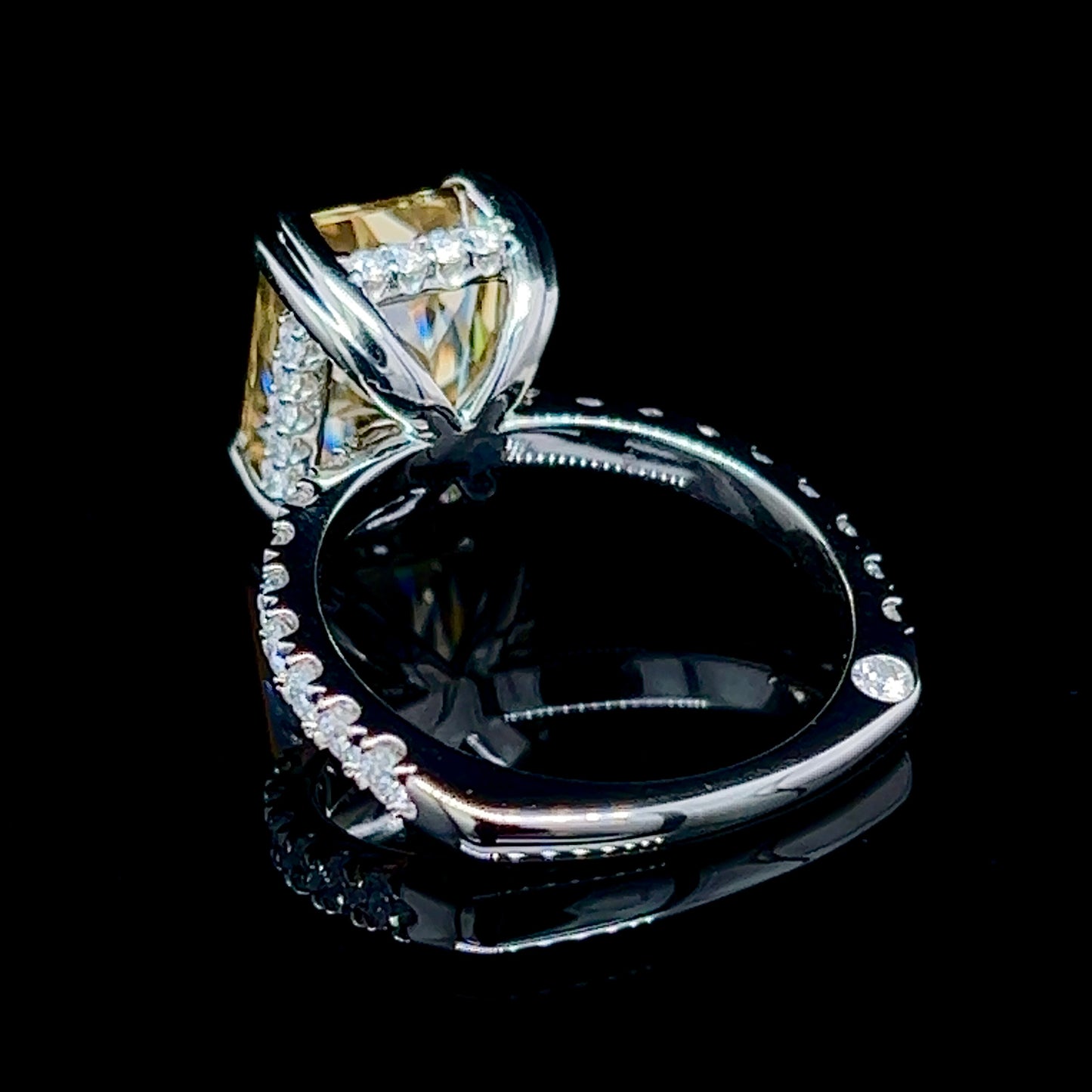 Crushed Ice Emerald cut Vivid Yellow Moissanite Ring
